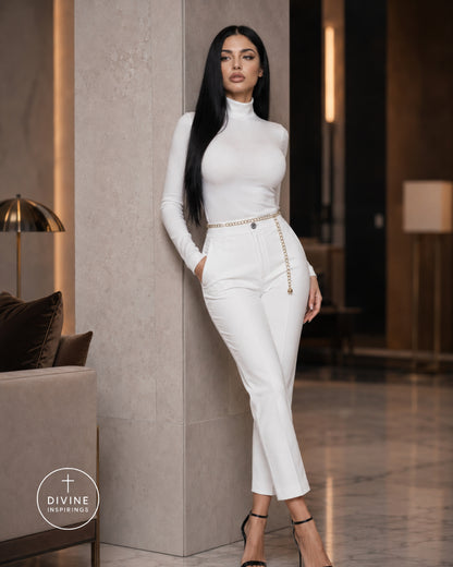 A woman with long black hair models a white long-sleeve mock-neck top and matching white high-waisted cropped pants with a gold chain belt, standing in a modern interior setting.