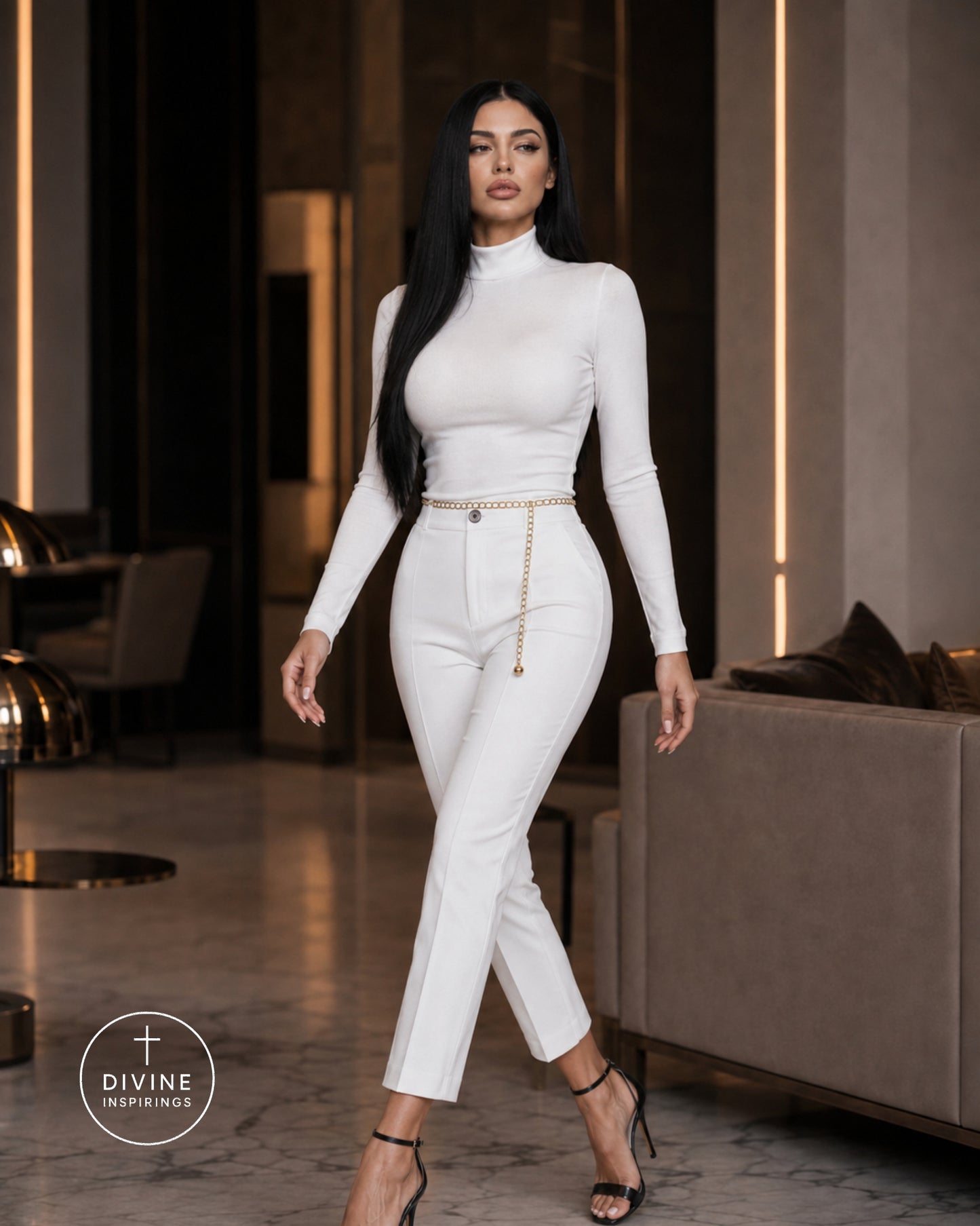 A woman modeling a white long-sleeve mock-neck top and matching white cropped trousers with a thin gold chain belt, standing in a modern indoor setting with a sofa and warm vertical light strips in the background.