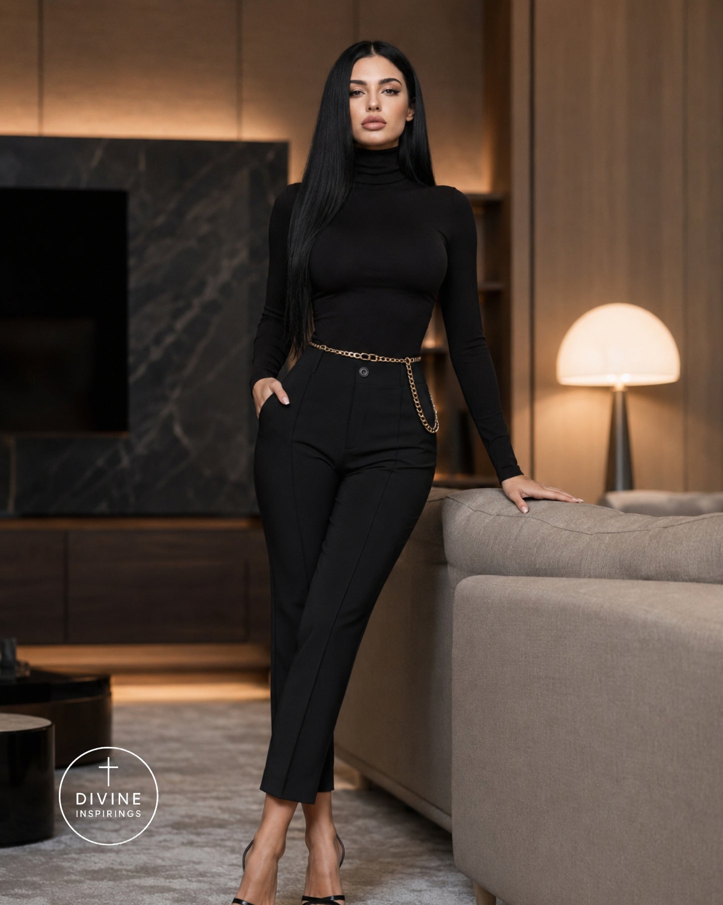 A woman modeling a black long-sleeve mock-neck top and matching black high-waisted cropped pants with a gold chain belt, standing in a modern living room setting.