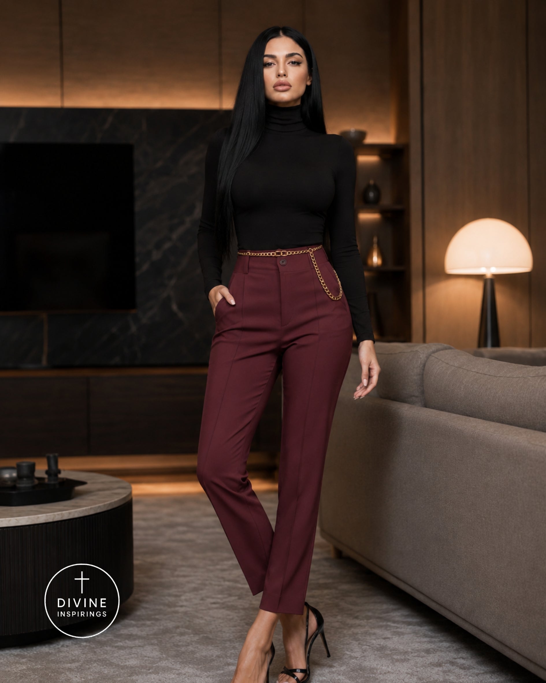 A woman modeling high-waisted, straight-leg trousers in burgundy with a gold chain detail at the waist, paired with a black turtleneck and black heels, in a modern, dimly lit living room.