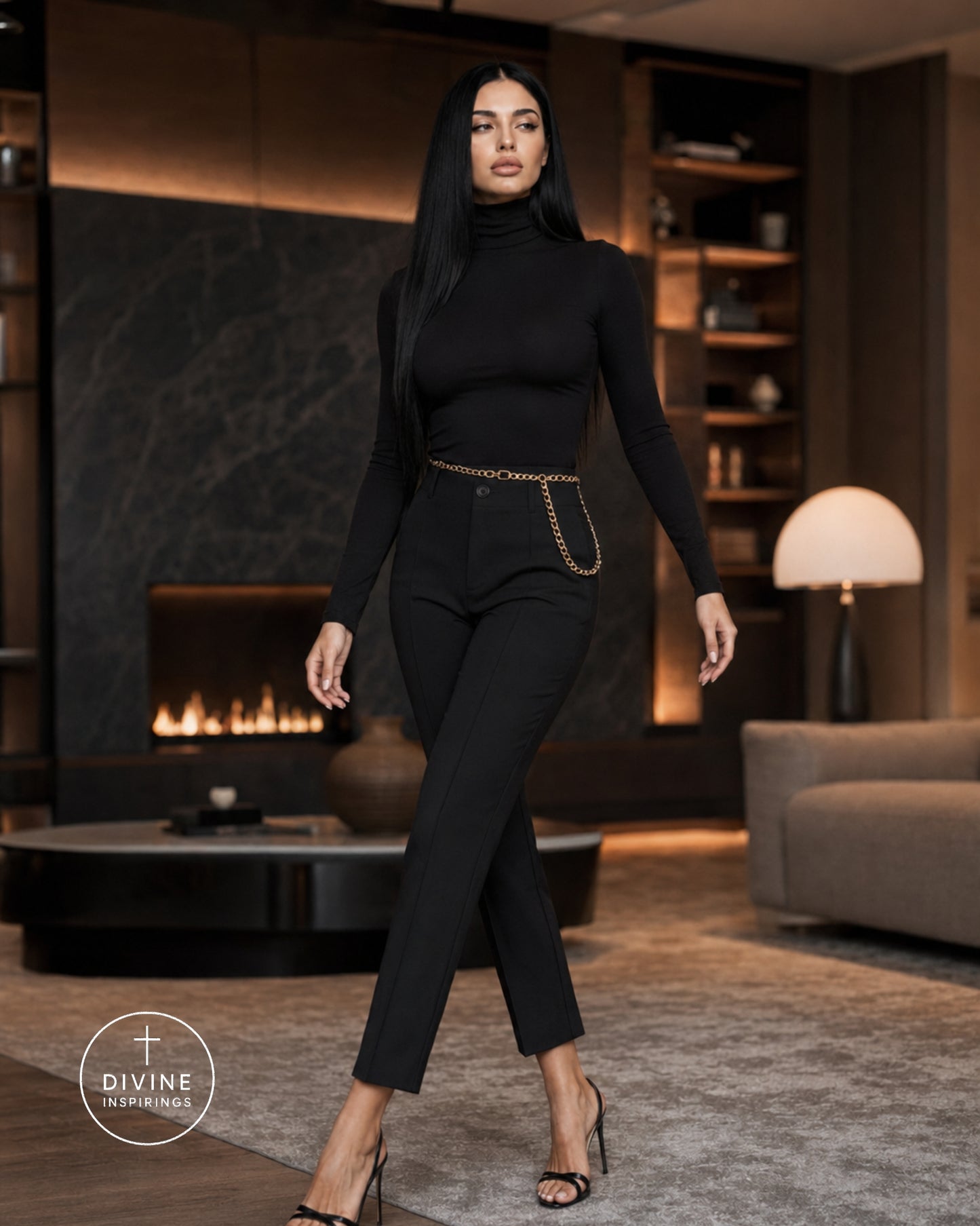A woman modeling a black long-sleeve mock-neck top and matching black cropped trousers with a gold chain belt detail, standing in a modern living room setting with a fireplace and sofa in the background.