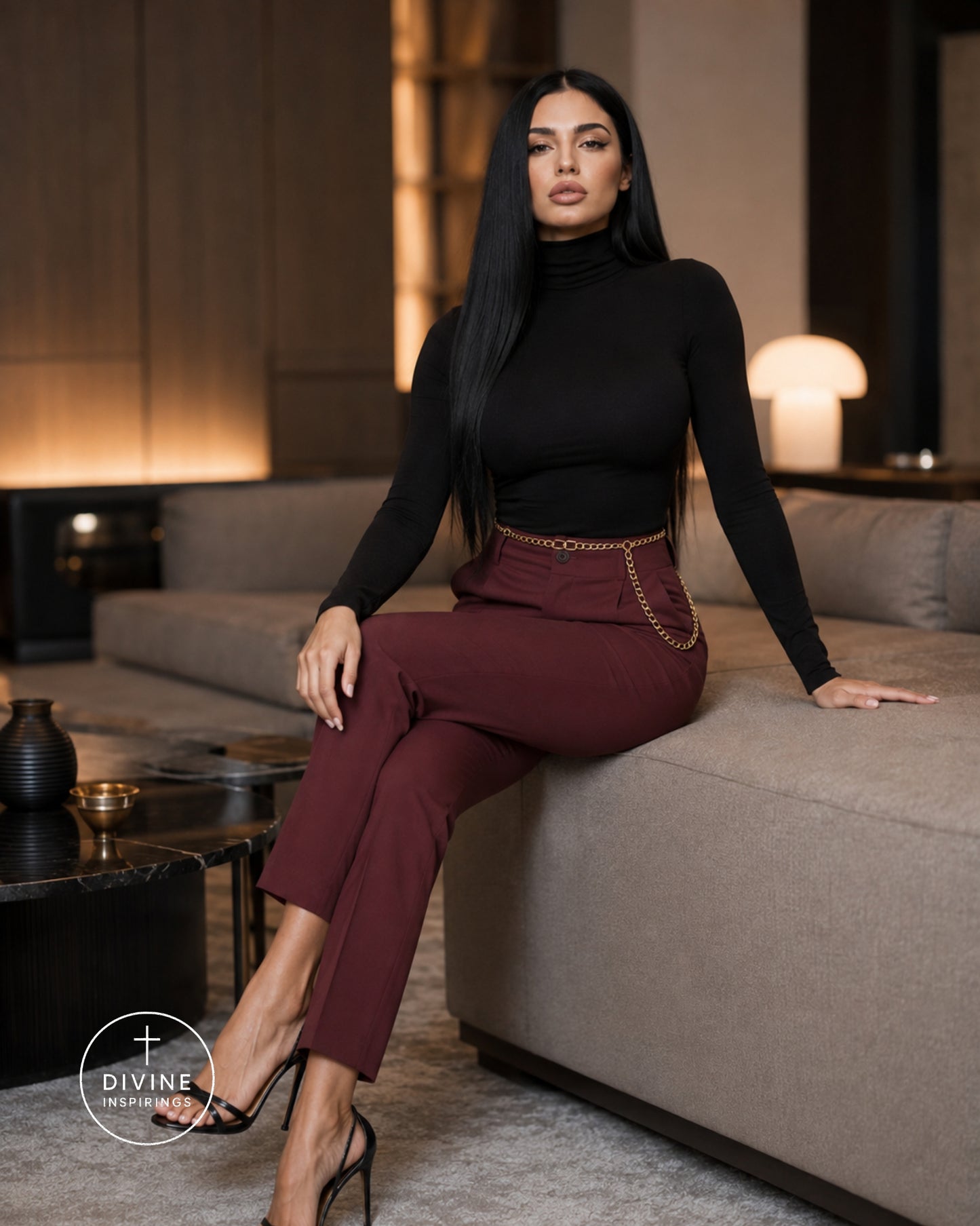 A woman with long black hair sits on a beige sofa in a modern living room, wearing a black long-sleeve turtleneck top and high-waisted burgundy cropped trousers with a gold chain detail at the waist. She is wearing black high heels.
