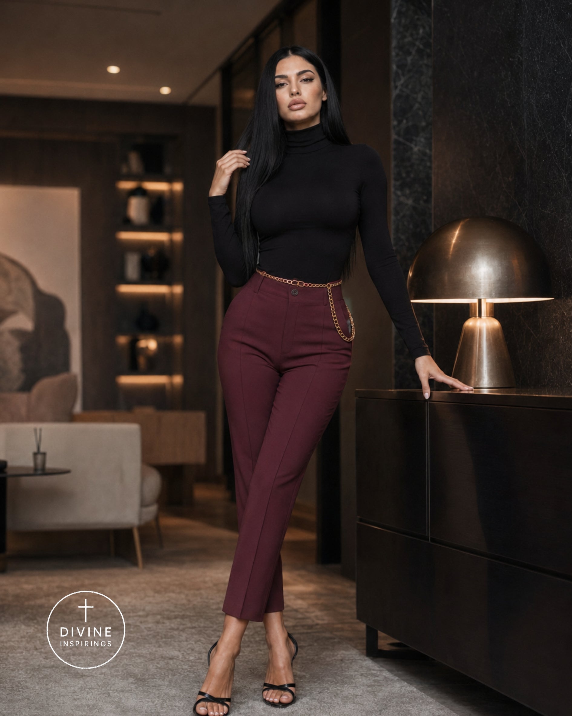 A woman posing in a modern, dimly lit room wearing a black long-sleeve turtleneck and high-waisted maroon cropped trousers with a gold chain detail at the waist. She is wearing black strappy high-heeled sandals.