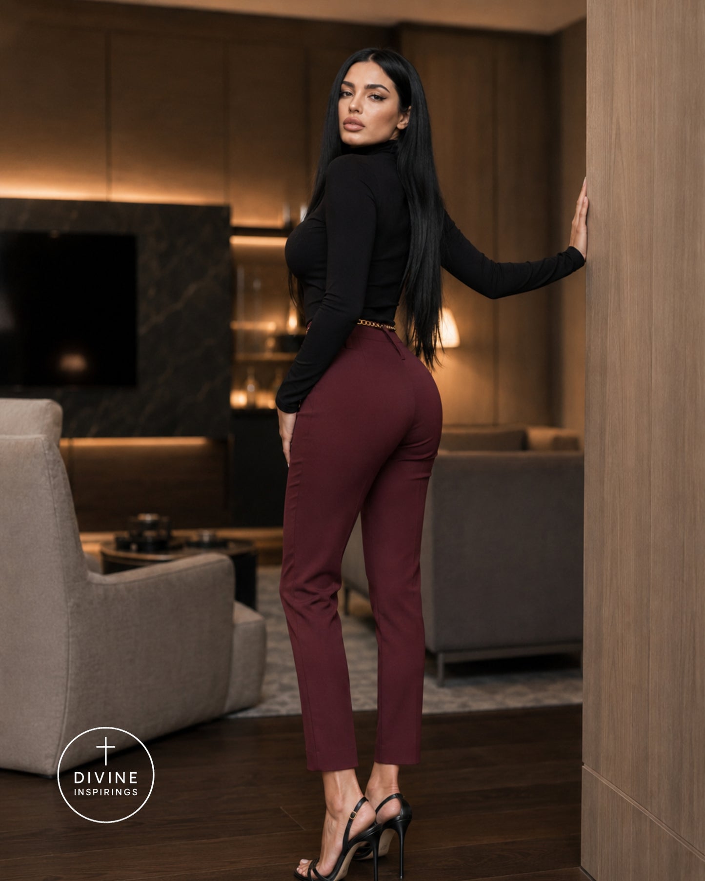 A woman posing in a modern living room, wearing a black long-sleeve top and high-waisted, straight-leg burgundy trousers with black high-heeled sandals. A 'DIVINE INSPIRINGS' logo is visible in the bottom-left corner.