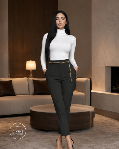 A woman modeling black high-waisted cropped trousers with a gold chain detail at the waist, paired with a white long-sleeve mock neck top in a modern living room setting.