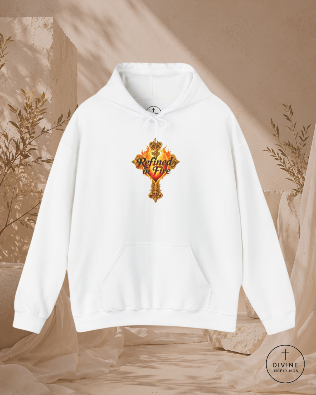 White hoodie with a colorful graphic design on a beige background