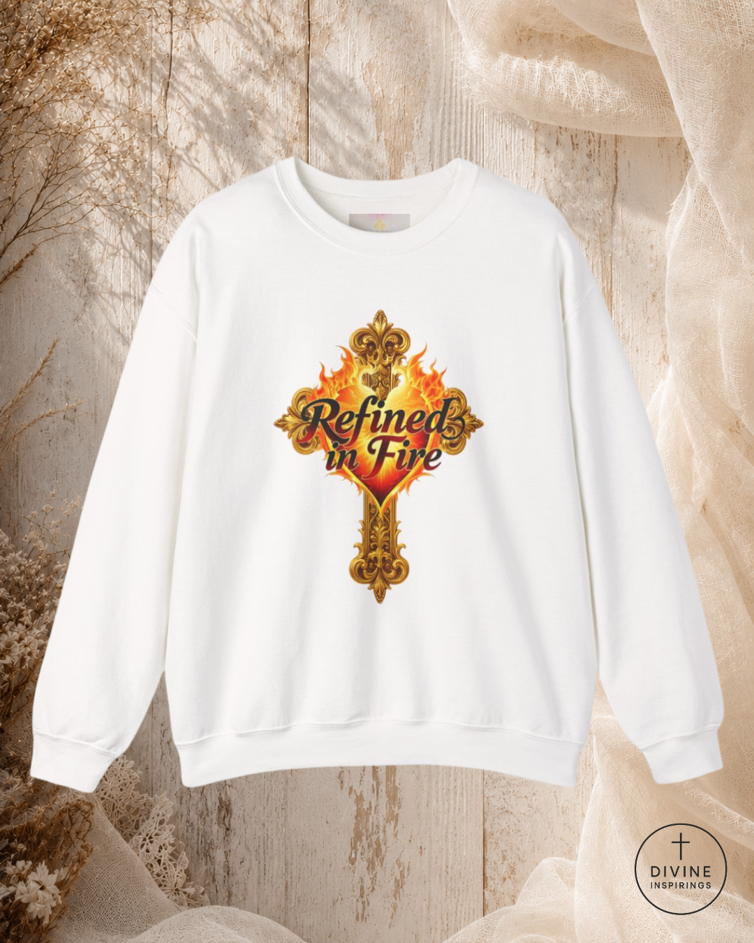 White sweatshirt with 'Refined in Fire' design on a textured beige background