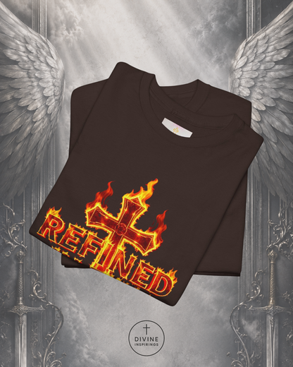 Folded black t-shirt with 'REFINED' design on a gray background with angel wings.