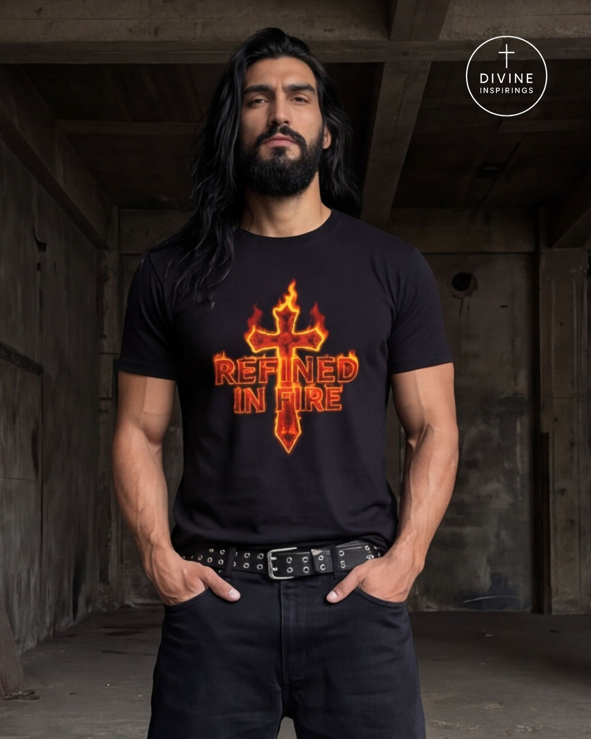 A Man wearing a black tee with a large orange and yellow flame-cross graphic on the chest, "Refined in Fire", standing against a dark concrete wall. A 'DIVINE INSPIRINGS' logo is visible in the top right corner.