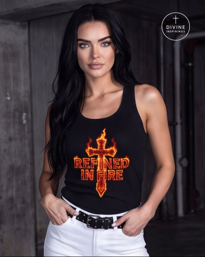 A woman wearing a black tank top with a red and orange graphic that reads 'Refined in Fire' under a flaming cross, paired with white pants and a gold chain belt, leaning against a concrete pillar.