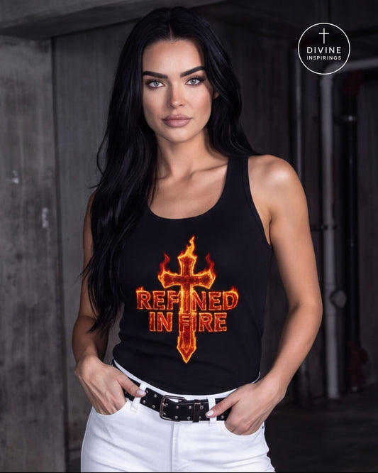 A woman wearing a black tank top with a red and orange graphic that reads 'Refined in Fire' under a flaming cross, paired with white pants and a gold chain belt, leaning against a concrete pillar.