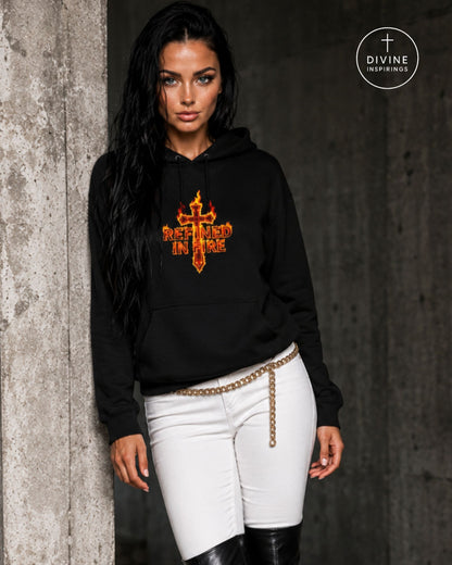 A woman wearing a black pullover hoodie with a large orange and yellow flame-cross graphic on the chest, paired with white fitted pants and a gold chain belt, standing against a dark concrete wall. A 'DIVINE INSPIRINGS' logo is visible in the top right corner.