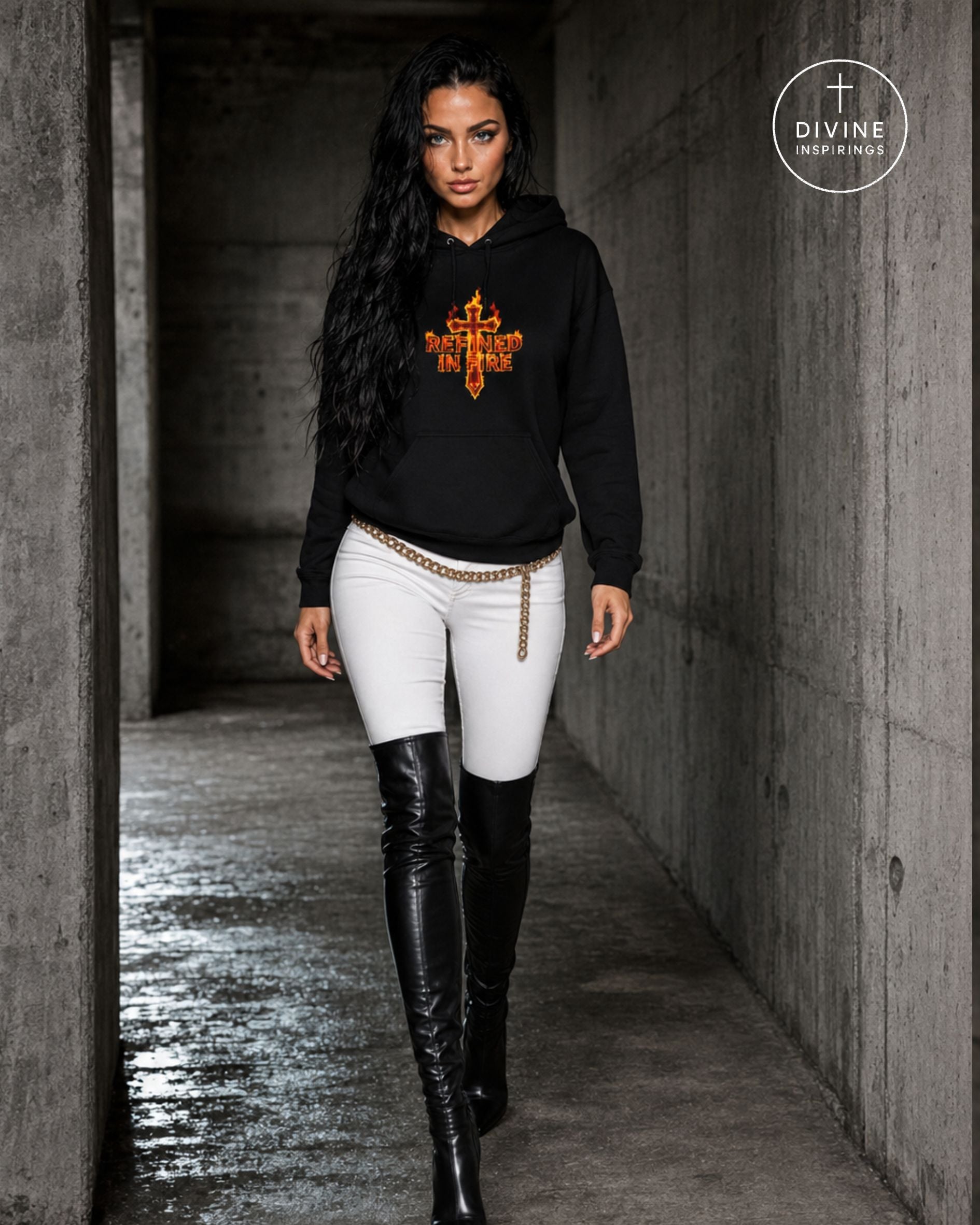 A woman walks down a concrete corridor wearing a black hoodie with a metallic gold cross graphic that reads 'Refined in Fire'. She is also wearing white fitted pants, a gold chain belt, and black thigh-high boots.