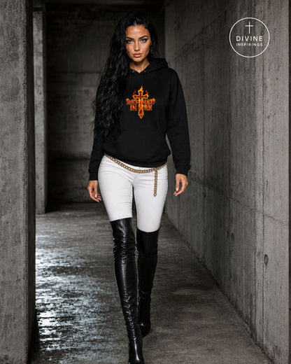 A woman walks down a concrete corridor wearing a black hoodie with a metallic gold cross graphic that reads 'Refined in Fire'. She is also wearing white fitted pants, a gold chain belt, and black thigh-high boots.