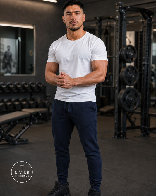 A muscular man standing in a gym wearing a white crewneck t-shirt and dark navy sweatpants. The background shows weight machines, dumbbells, and a bench.