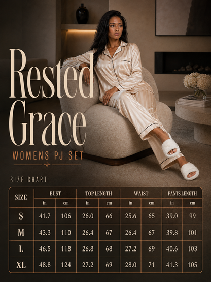 A woman wearing a satin pajama set sits on a round armchair in a styled interior, with large text reading 'Rested Grace' and a size chart table at the bottom showing measurements for bust, top length, waist, and pants length.