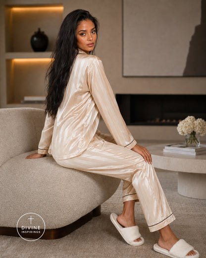 A woman wearing a shiny champagne-colored satin pajama set with thin black piping, sitting on a modern beige sofa in a living room setting. She is wearing white slippers, and a circular 'DIVINE INSPIRINGS' logo is visible in the bottom-left corner.