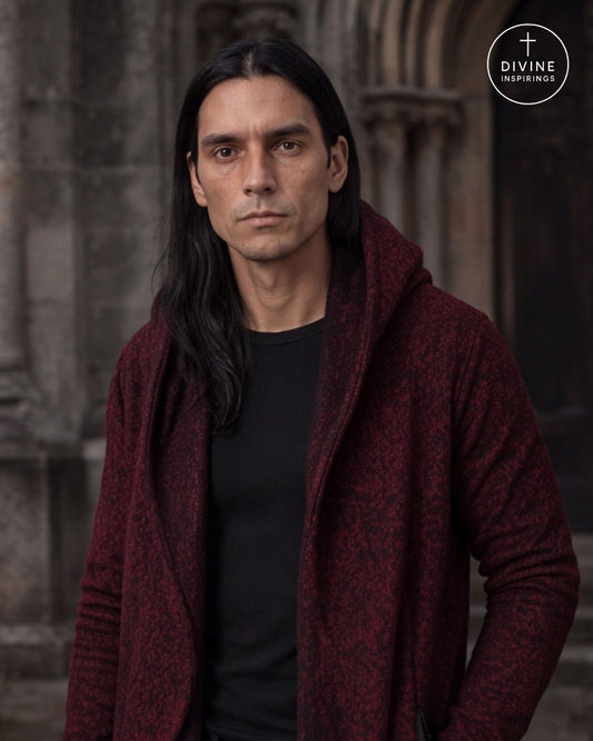 A man with long black hair wearing a textured dark red hooded cardigan over a black shirt, standing in front of a stone architectural background. A circular 'Divine Inspirings' logo is visible in the top right corner.