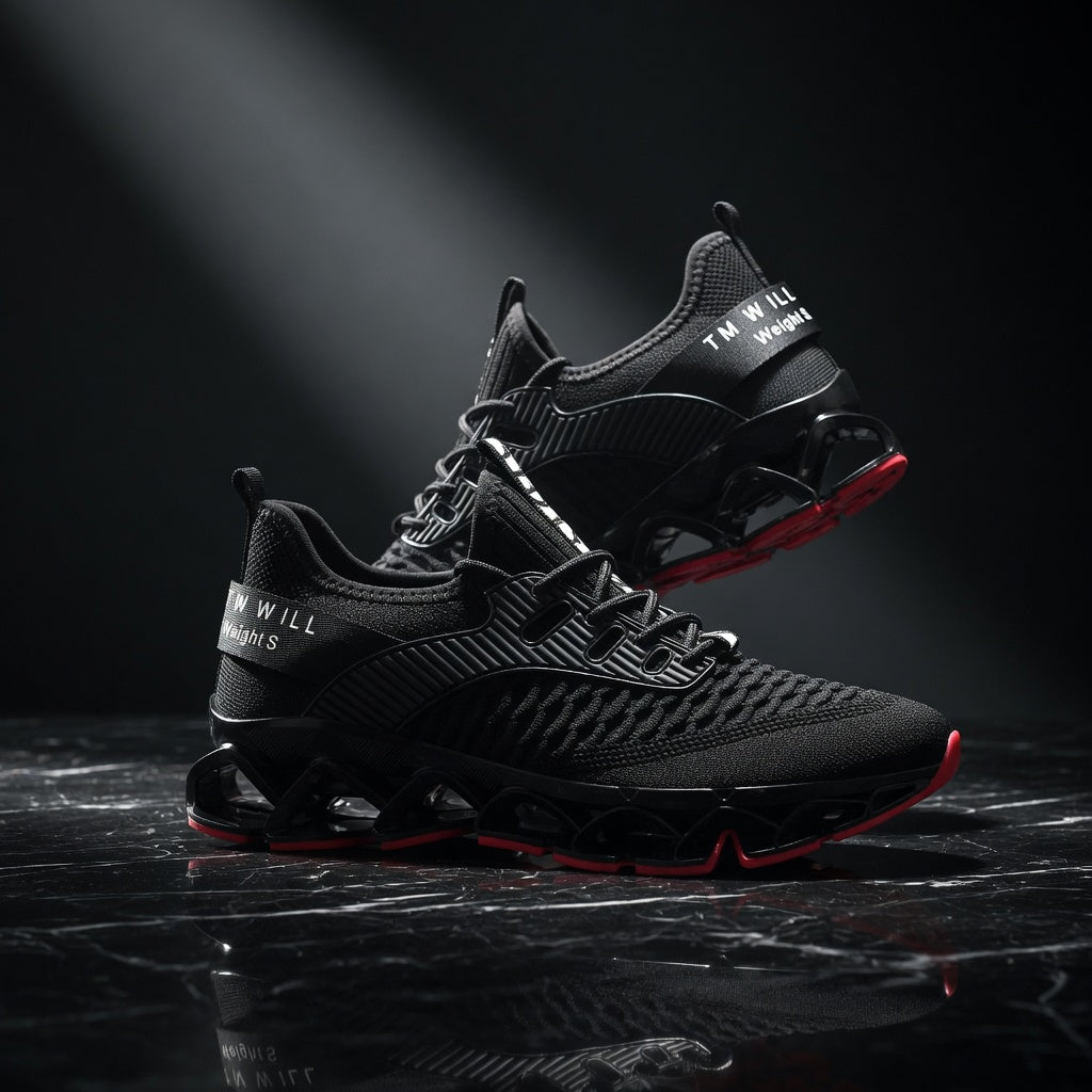 Black athletic shoes with red accents on a dark reflective surface