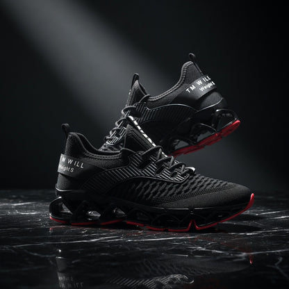 Black athletic shoes with red accents on a dark reflective surface