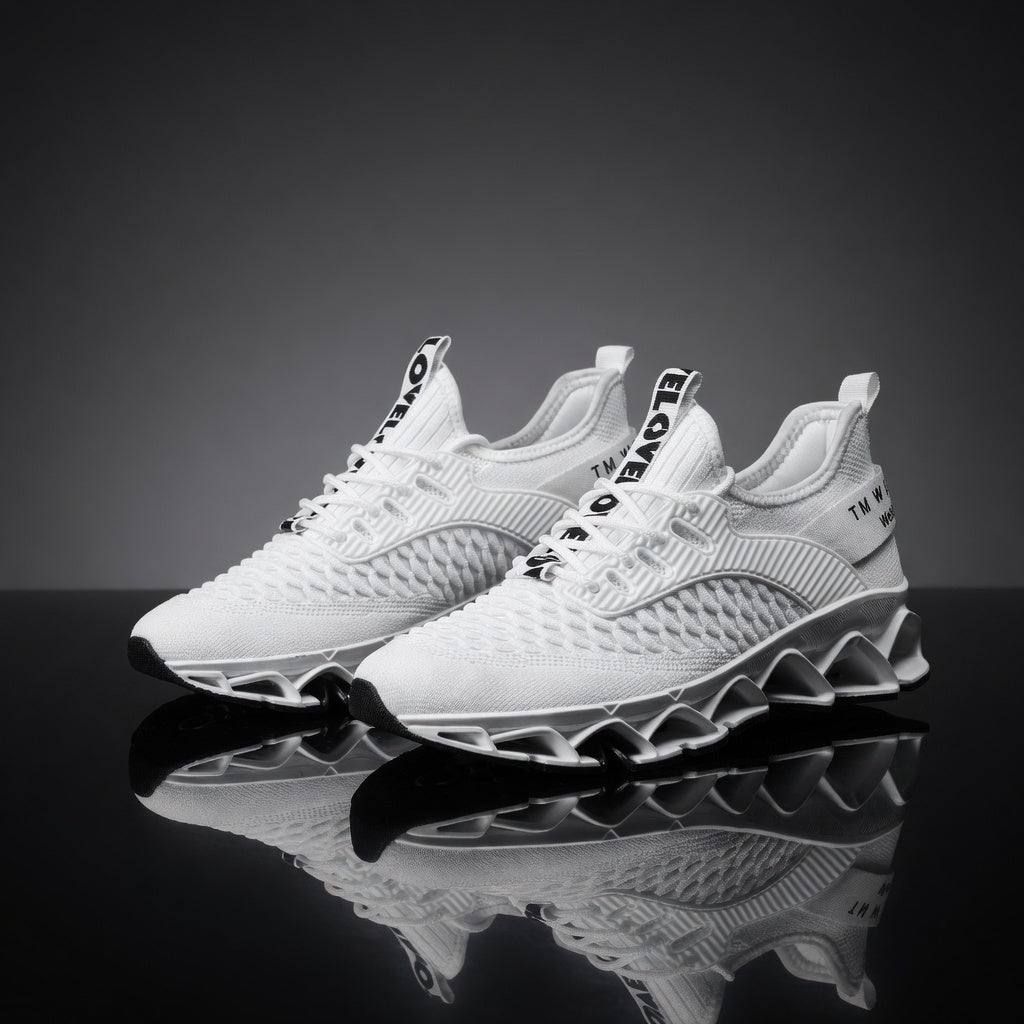 White sneakers with brand logo on a reflective black surface and gray background