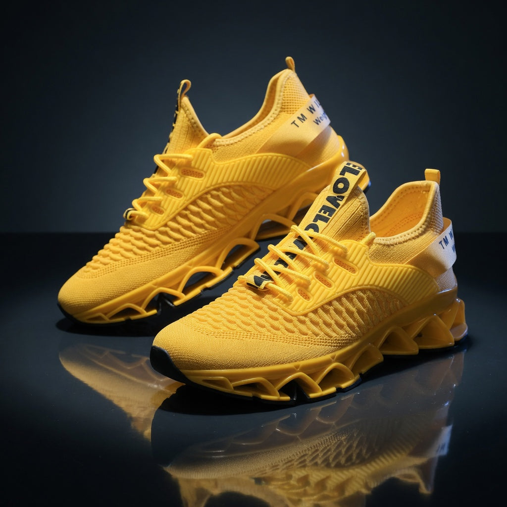 Yellow sneakers with a reflective surface on a dark background