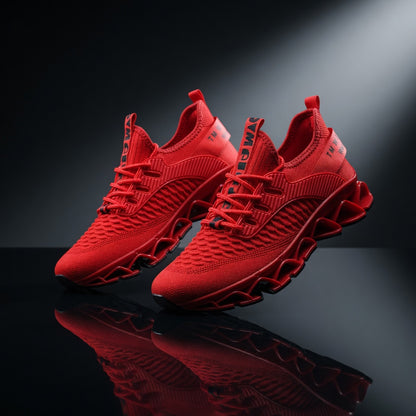 Red athletic shoes on a reflective black surface with a dark background