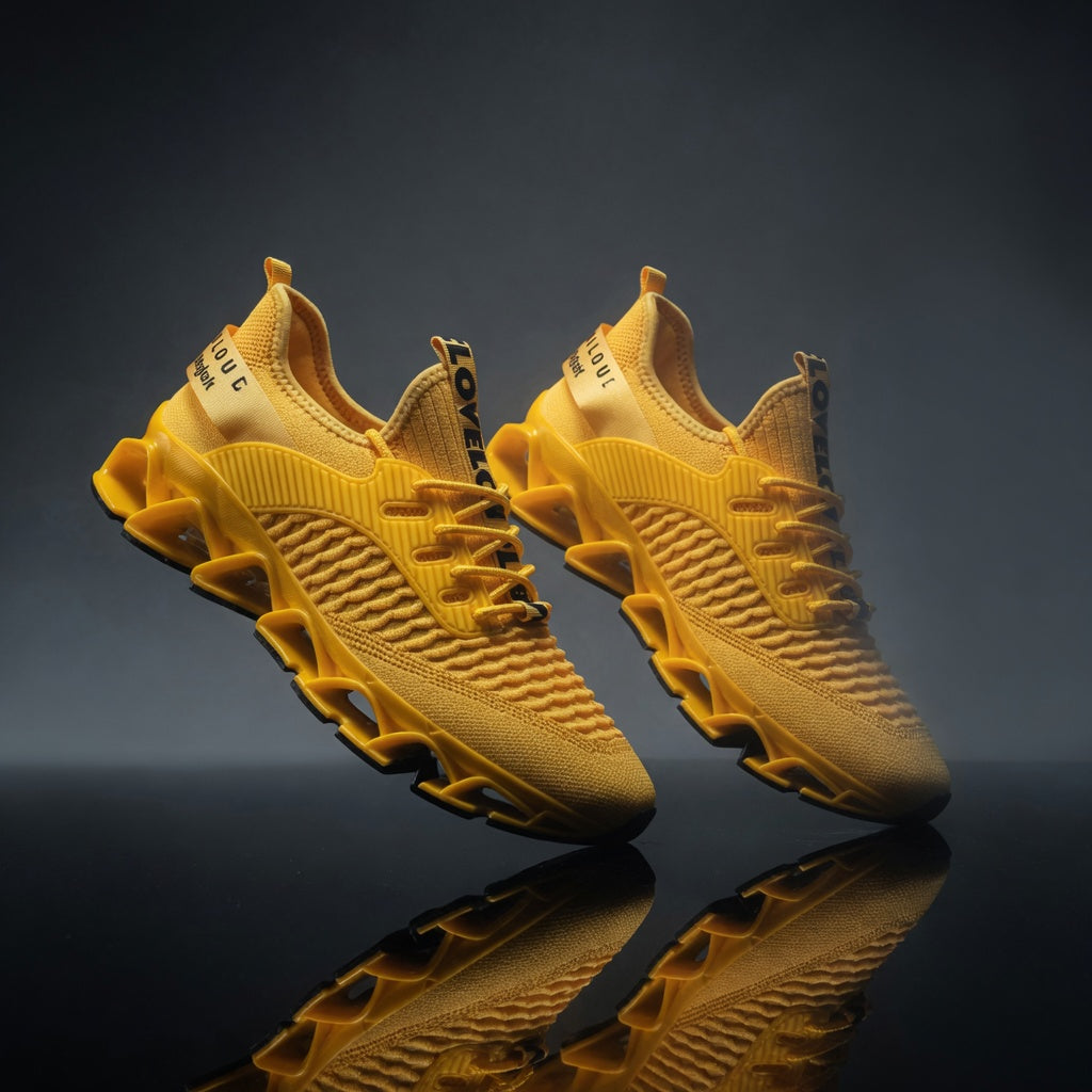 Pair of yellow athletic shoes on a reflective black surface with a dark background