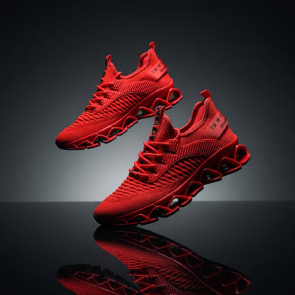 Red sneakers on a reflective black surface with a dark background
