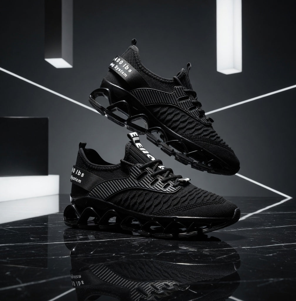 Black sneakers with text on a reflective black surface and gray background