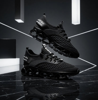 Black sneakers with text on a reflective black surface and gray background