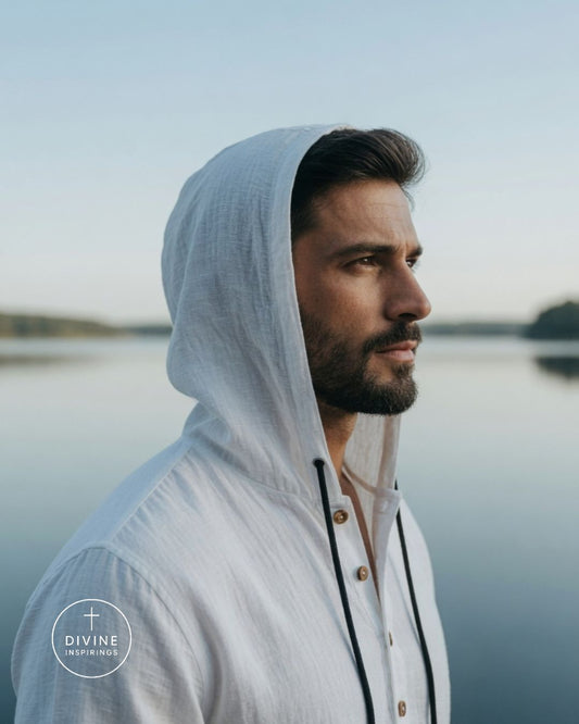 A man in profile wearing a white hooded button-up shirt stands outdoors near calm water under a pale sky. A circular 'Divine Inspirings' logo watermark appears in the lower left corner.
