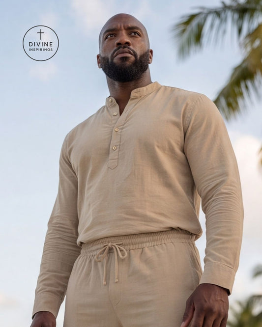 A man wearing a beige long-sleeve henley shirt and matching drawstring pants, photographed outdoors against a pale sky with palm leaves in the background. A circular DIVINE INSPIRINGS logo appears in the upper left.