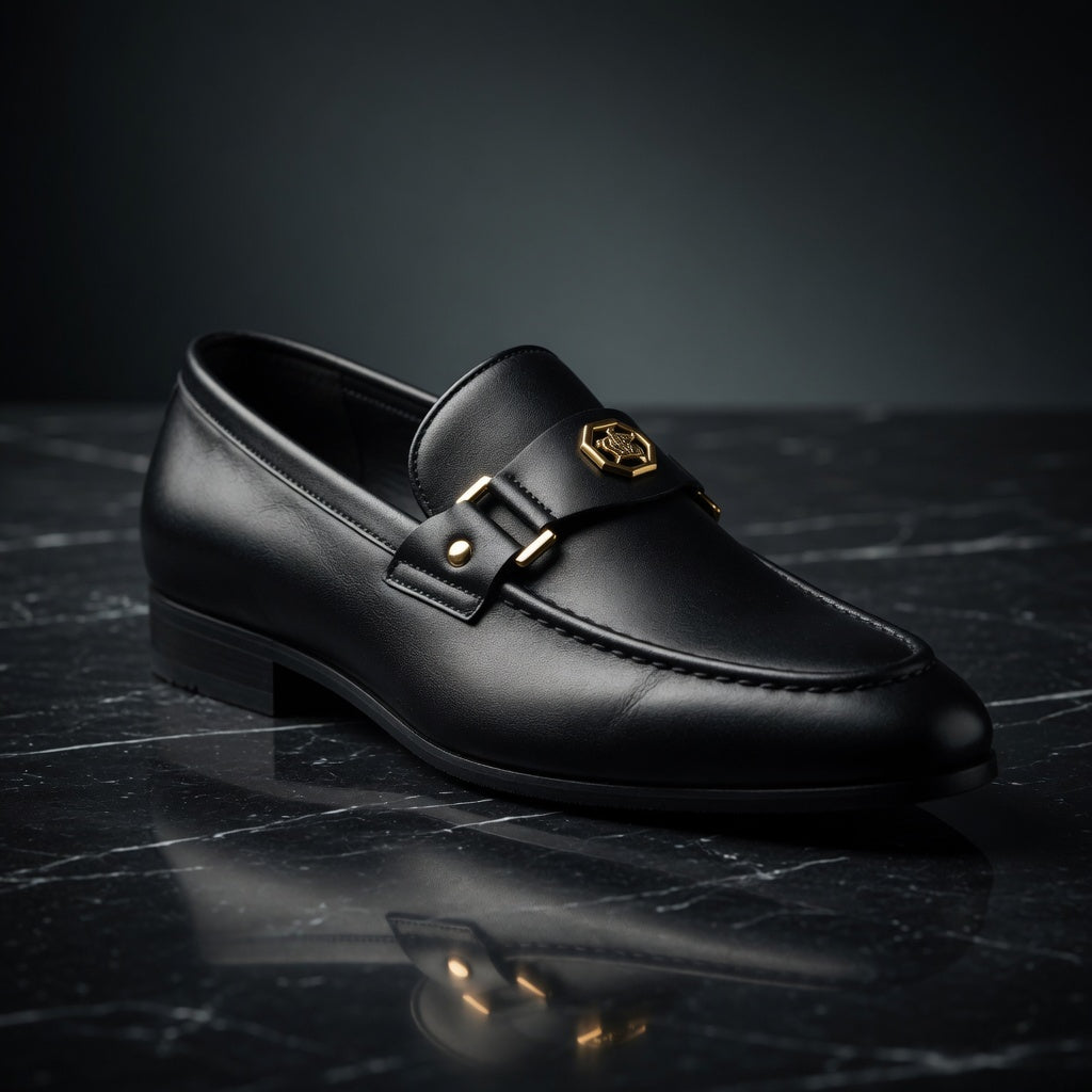 Black leather loafer with gold buckle on a dark surface