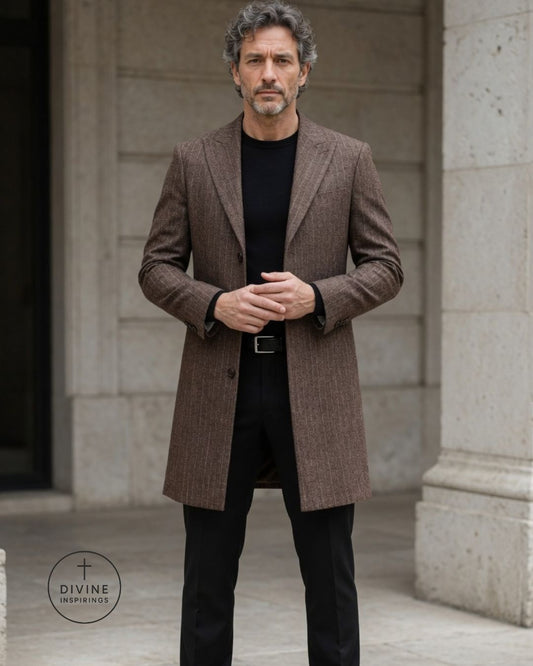 A man wearing a brown textured overcoat over a black shirt and black pants, standing outdoors in front of a stone building. A circular 'DIVINE INSPIRINGS' logo is visible in the bottom-left corner.