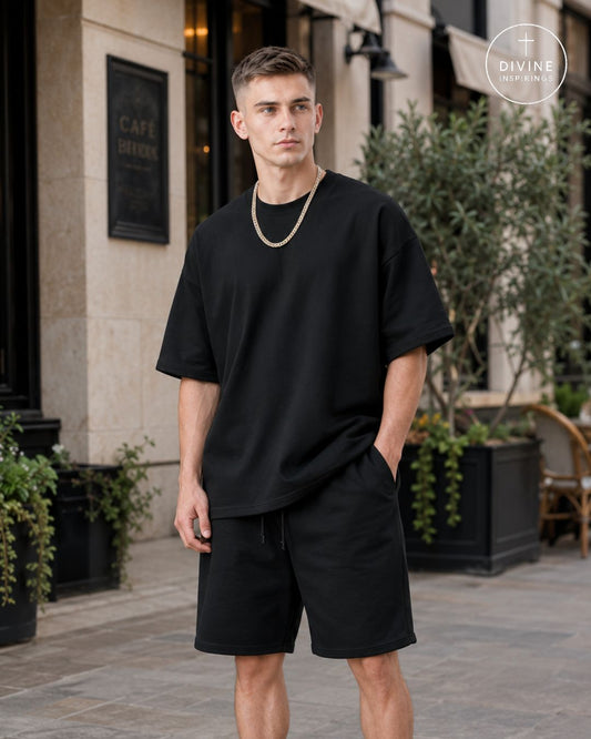 A man wearing a black oversized t-shirt and matching black shorts stands on a city sidewalk in front of a cafe building. He is wearing a gold chain necklace.