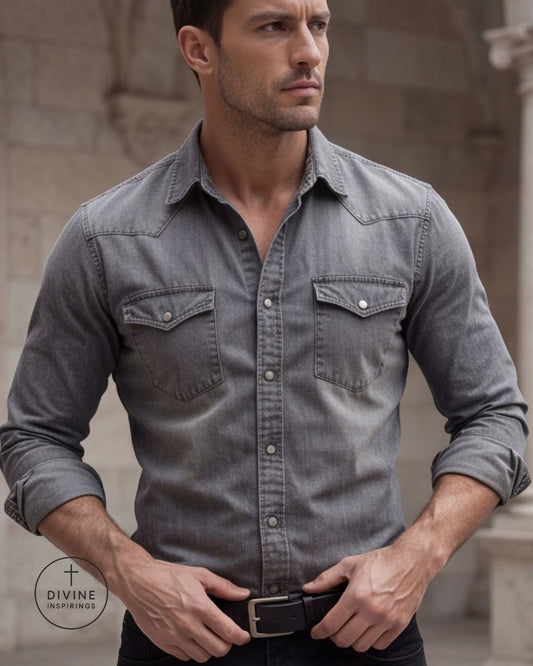 A man wearing a gray long-sleeve western-style button-down shirt with two chest pockets, shown from the waist up against a blurred stone background. A DIVINE INSPIRINGS logo is visible in the bottom-left corner.