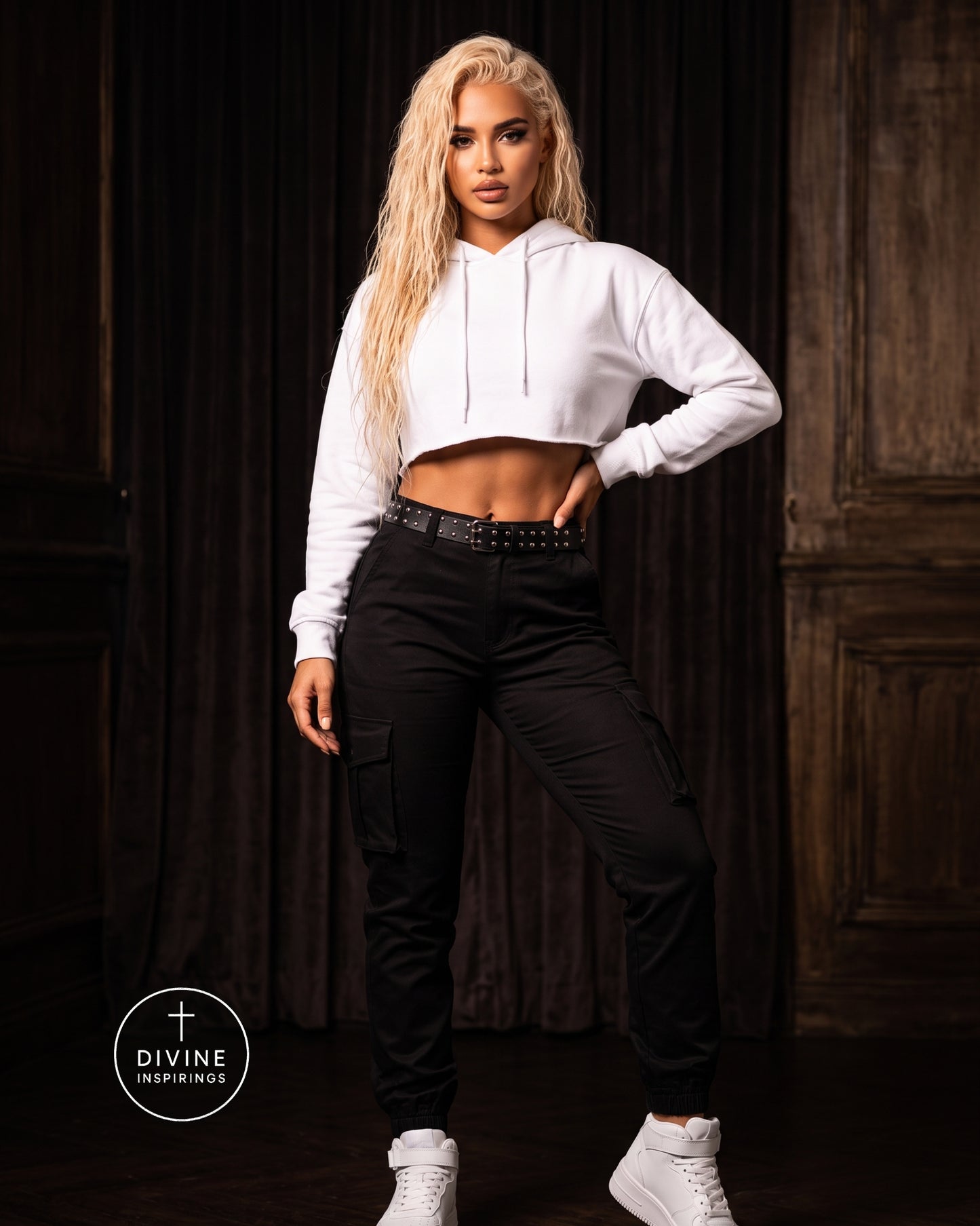 A woman modeling a white cropped long-sleeve hoodie and black cargo pants with a black studded belt, standing in front of a dark wood-paneled background. A circular 'DIVINE INSPIRINGS' logo is visible in the bottom-left corner.