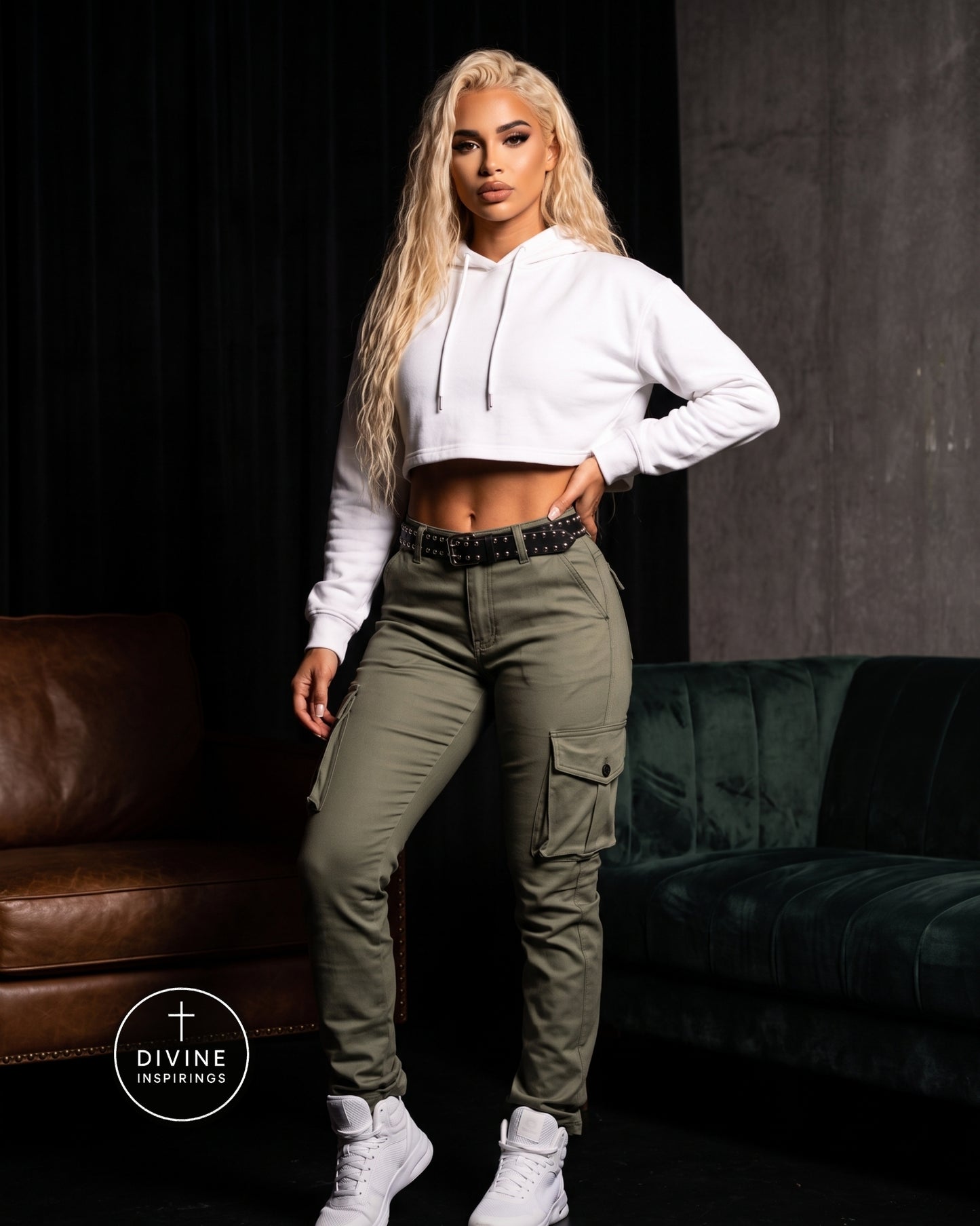 A woman posing in a white cropped hoodie and olive green cargo pants with white sneakers, set against a dark studio background with a brown leather and green velvet sofa.