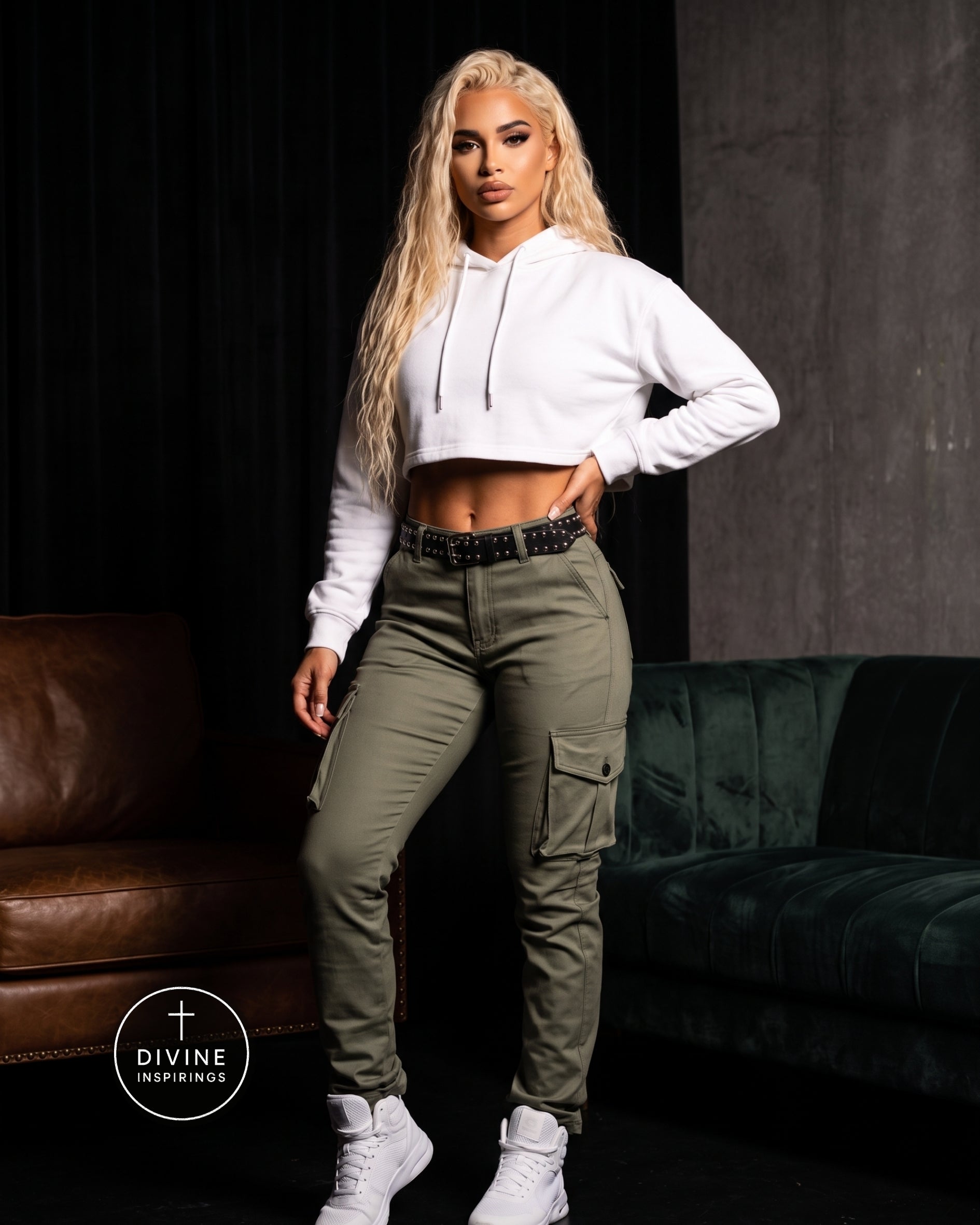 A woman posing in a white cropped hoodie and olive green cargo pants with white sneakers, set against a dark studio background with a brown leather and green velvet sofa.