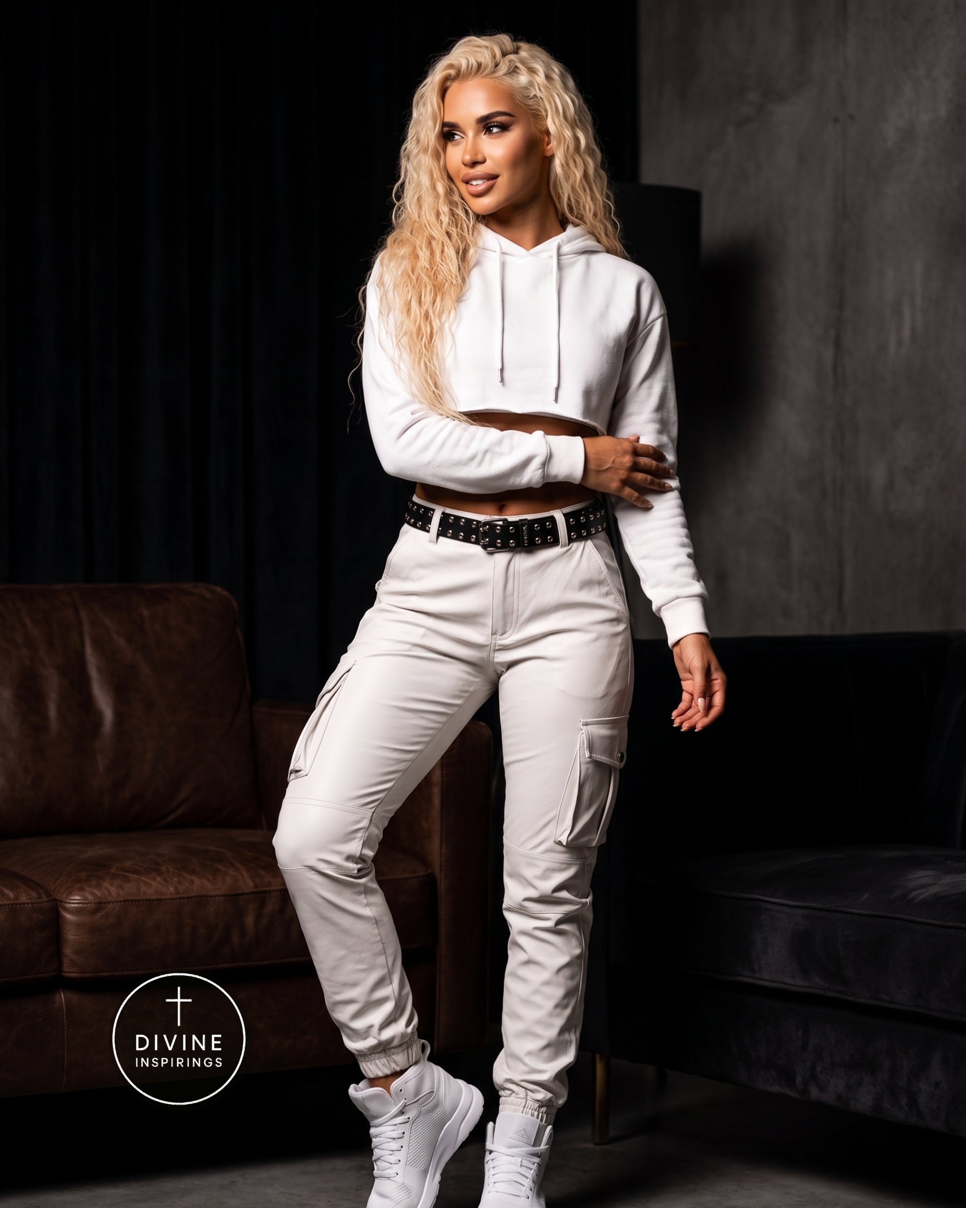 A woman modeling a white cropped hoodie and matching white cargo pants with a black studded belt, standing in a dark room with brown and black sofas. A circular 'DIVINE INSPIRINGS' logo is visible in the lower left corner.