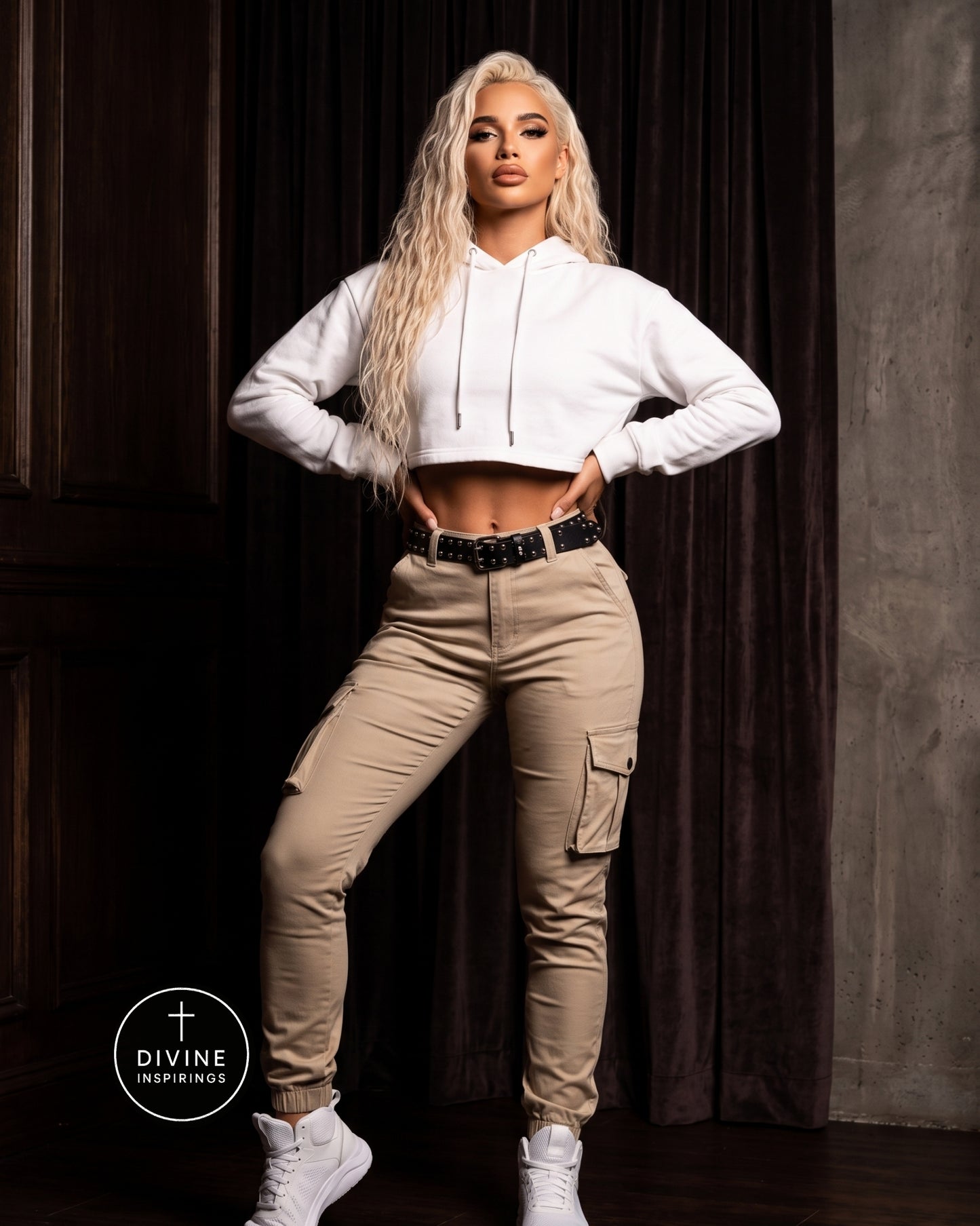 A blonde model poses in a white cropped hoodie and beige cargo jogger pants with white sneakers, standing against a dark curtain background. A circular 'DIVINE INSPIRINGS' logo is visible in the bottom-left corner.