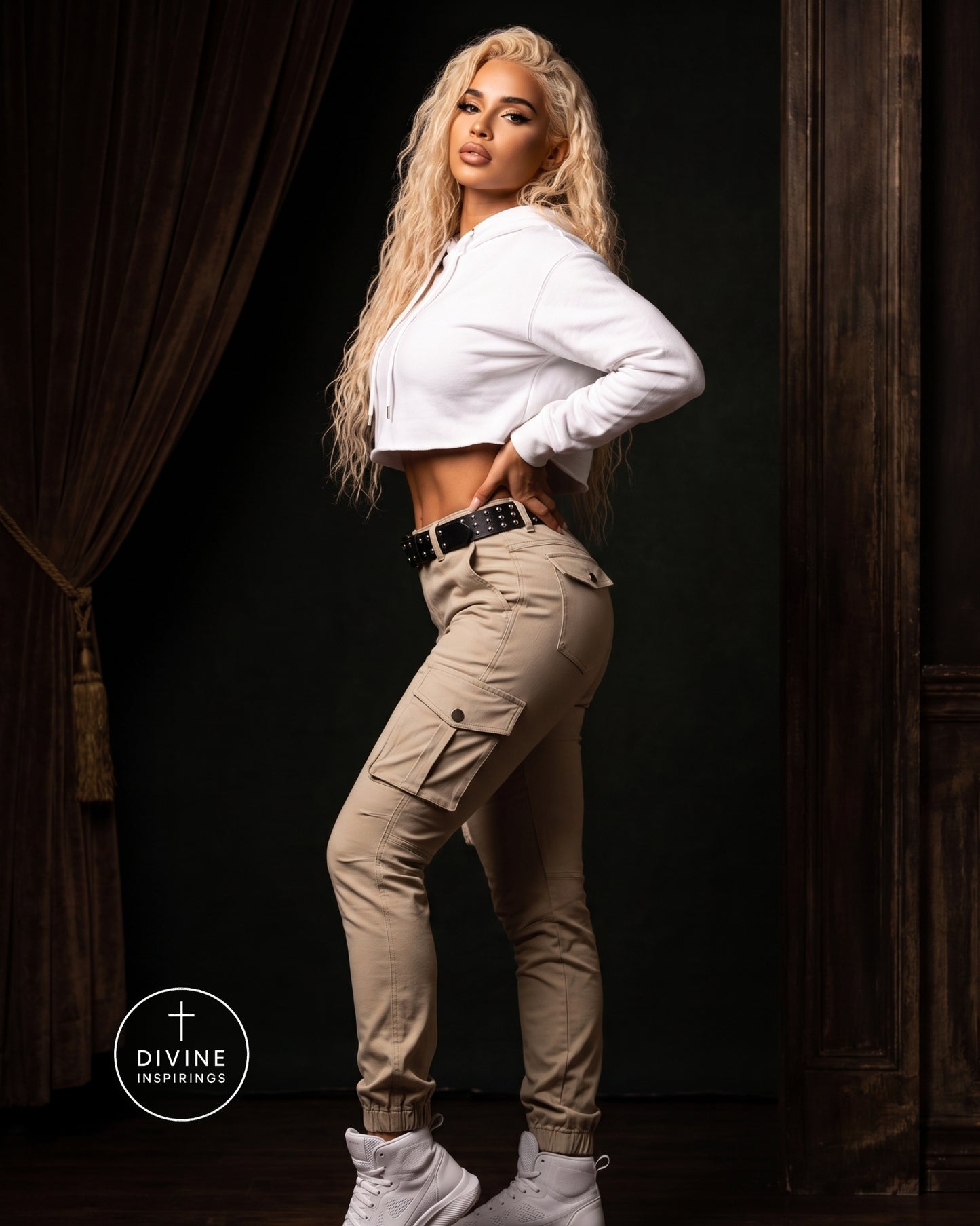 A blonde model poses in a white cropped hoodie and beige cargo pants with white sneakers, set against a dark background with curtains.