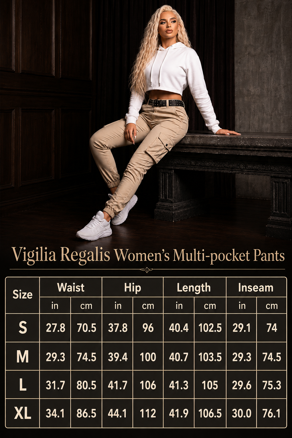 A woman modeling beige cargo-style pants and a white cropped hoodie while seated on a dark bench, with a size measurement chart overlaid at the bottom showing waist, hip, length, and inseam measurements for sizes S through XL.