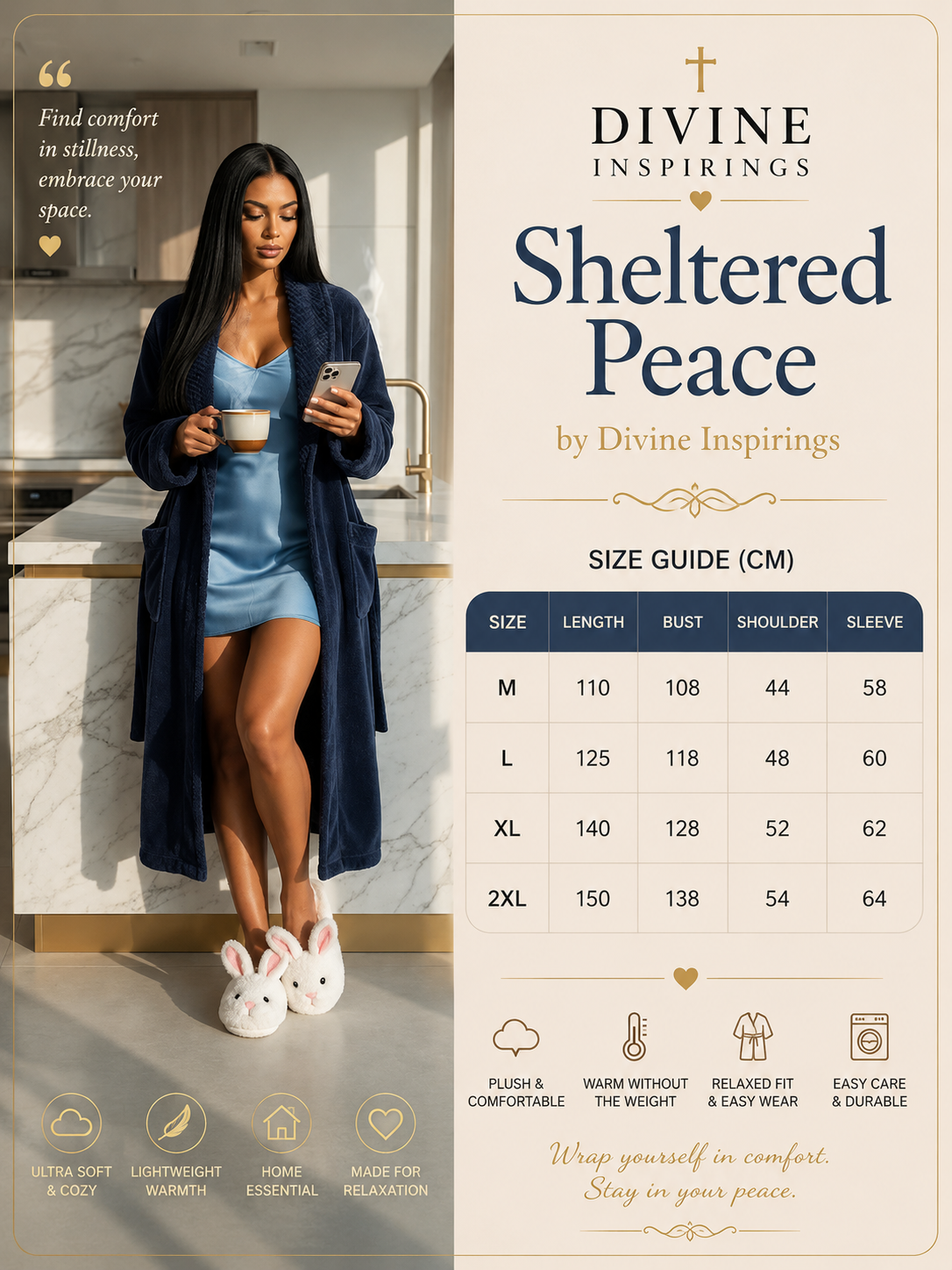 Promotional size guide and product image for the Divine Inspirations Sheltered Peace robe set. The left side shows a woman wearing a long navy blue robe over a light blue dress, standing in a modern kitchen.
