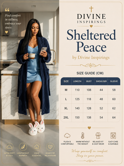 Promotional size guide and product image for the Divine Inspirations Sheltered Peace robe set. The left side shows a woman wearing a long navy blue robe over a light blue dress, standing in a modern kitchen.