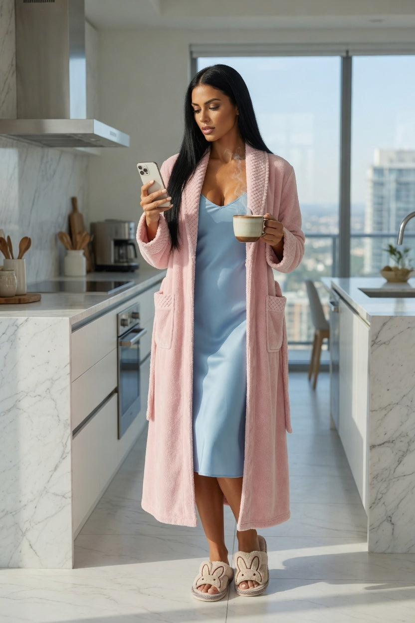 A woman stands in a modern kitchen wearing a light pink robe over a light blue slip dress, holding a phone and a mug. She is wearing pink bunny slippers.