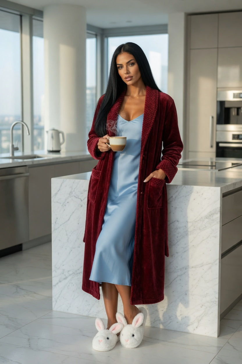 A woman stands in a modern kitchen wearing a long burgundy velvet robe over a light blue satin slip dress, holding a cup, with white bunny slippers on a marble island.