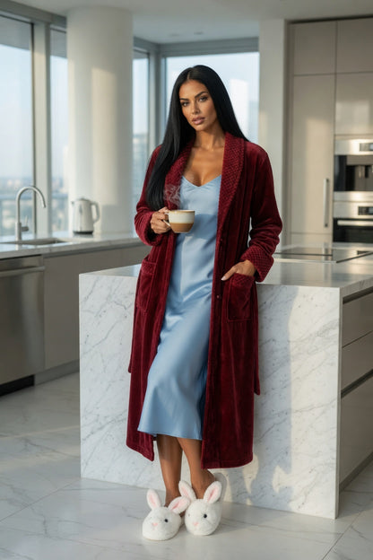 A woman stands in a modern kitchen wearing a long burgundy velvet robe over a light blue satin slip dress, holding a cup, with white bunny slippers on a marble island.