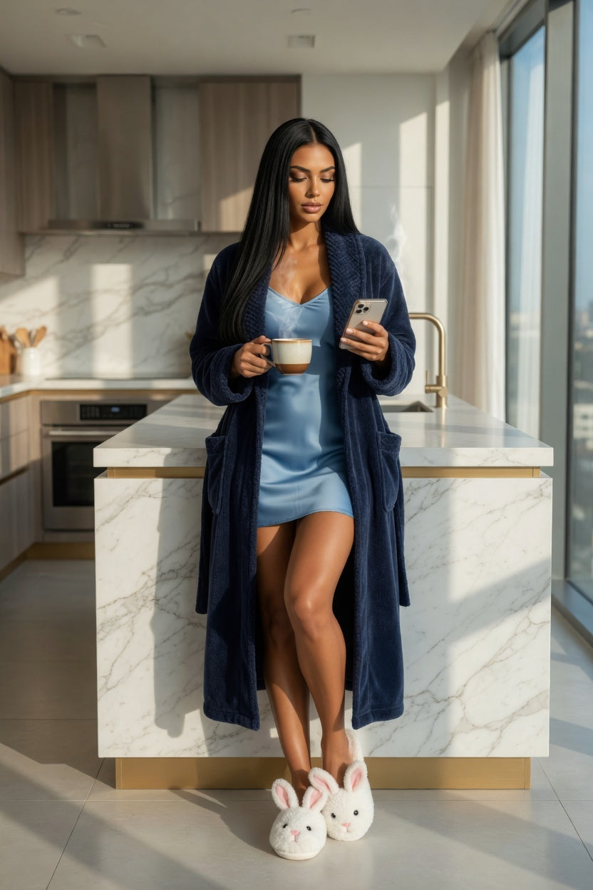 A woman stands in a modern kitchen wearing a long navy blue robe over a light blue slip dress, holding a mug and looking at her phone, with white bunny slippers on the floor.